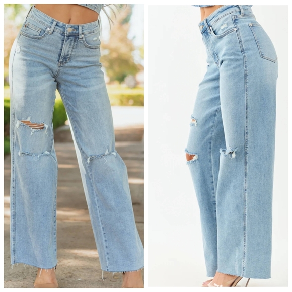 Judy Blue High Waist 90s Straight Jeans NWT Distressed Raw Hem - Picture 1 of 16